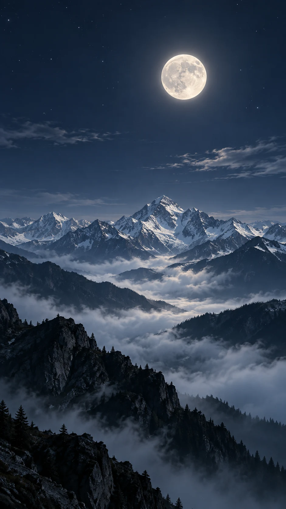 高山月雾冷蓝银灰手机壁纸,顶部留出锁屏时间空间,中下部为月亮、远山和分层雾气