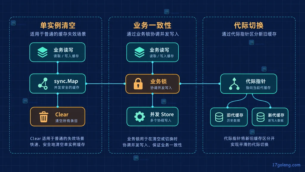sync.Map 原地清空、业务锁协调与代际指针切换的静态选择关系图