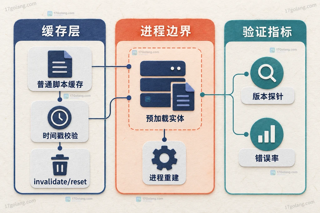PHP 普通脚本缓存、预加载实体、失效操作、进程重建与发布验证指标的静态关系图