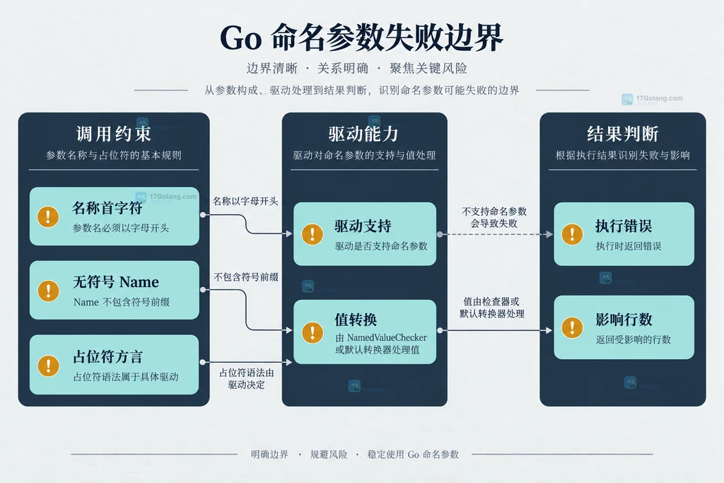 Go sql.Named 名称约束、驱动能力、值转换和执行结果的静态失败边界图