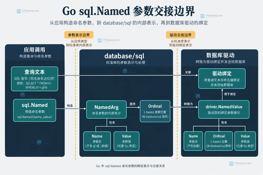 Go sql.Named、NamedArg、driver.NamedValue 与数据库驱动之间的静态参数关系图