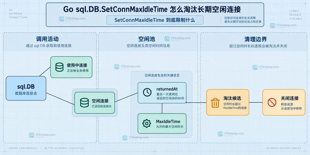 Go sql.DB 使用中连接、空闲连接、归还时间和空闲淘汰候选的静态结构图