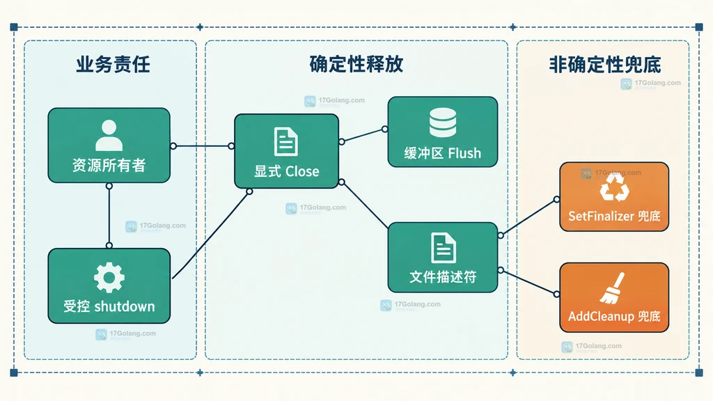 Go 资源所有者、显式 Close、缓冲刷盘与 finalizer 兜底之间的静态责任关系图