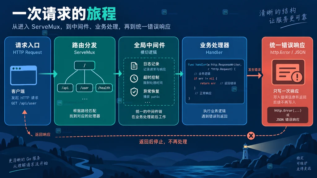 HTTP 请求经过 ServeMux、中间件、业务 Handler 和统一错误响应的静态结构图