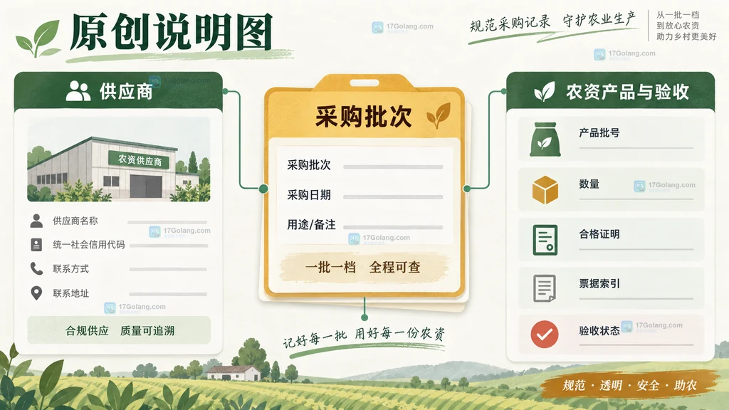 农业合作社农资采购批次、供应商、产品批号、合格证明和验收状态的关系说明图
