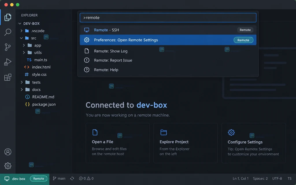 原创说明图：VS Code Remote SSH 窗口中打开远端设置入口