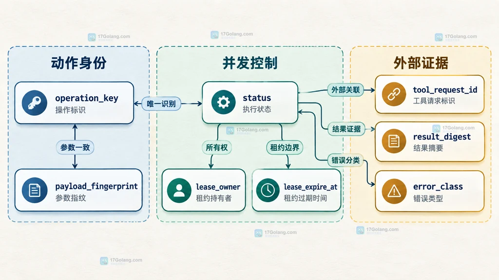 动作账本中的动作身份、并发控制、外部调用和结果证据字段关系