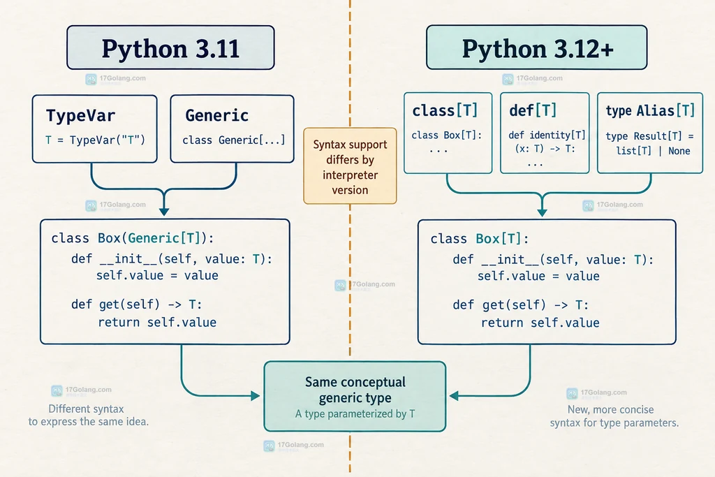 Python 类型参数语法中 class、def 与 type 别名的作用域关系说明图
