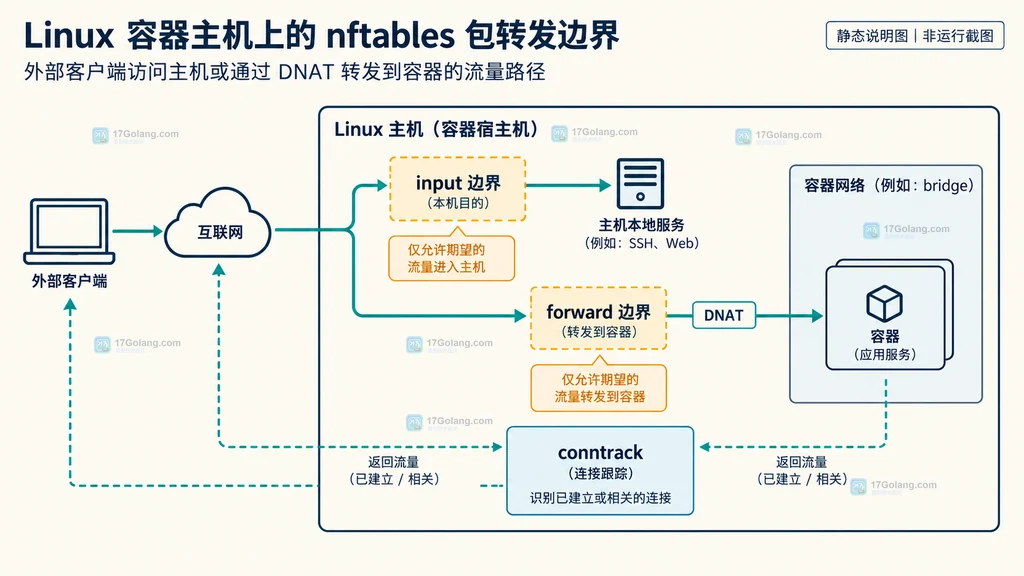 nftables 在容器主机上区分 input 与 forward 的静态路径说明图