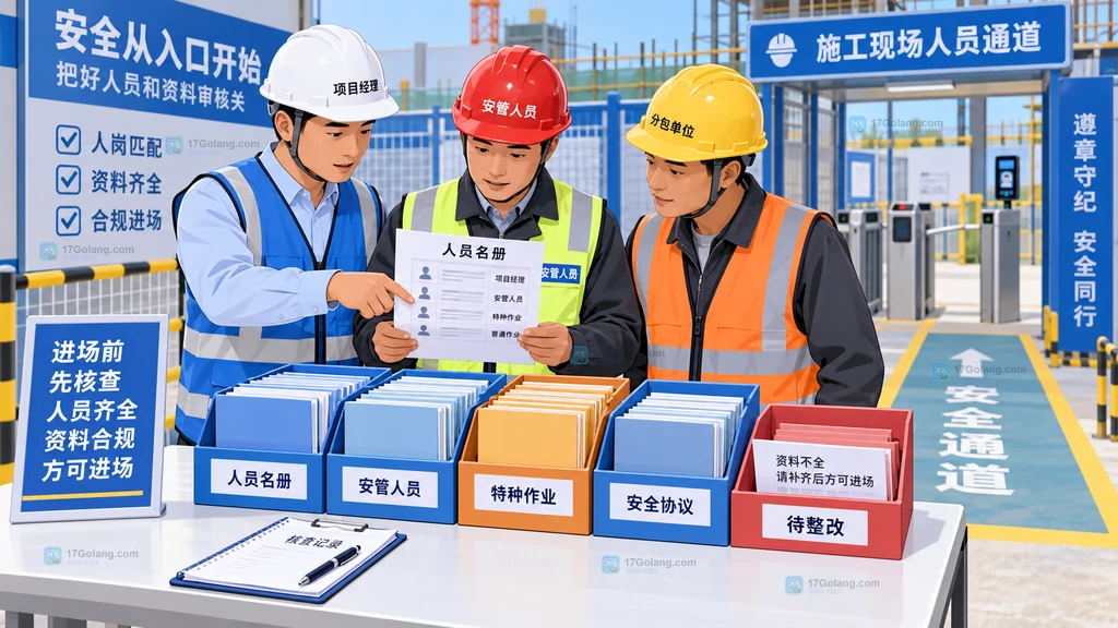 项目经理、安全员与分包负责人核对人员和安全资料的原创说明场景