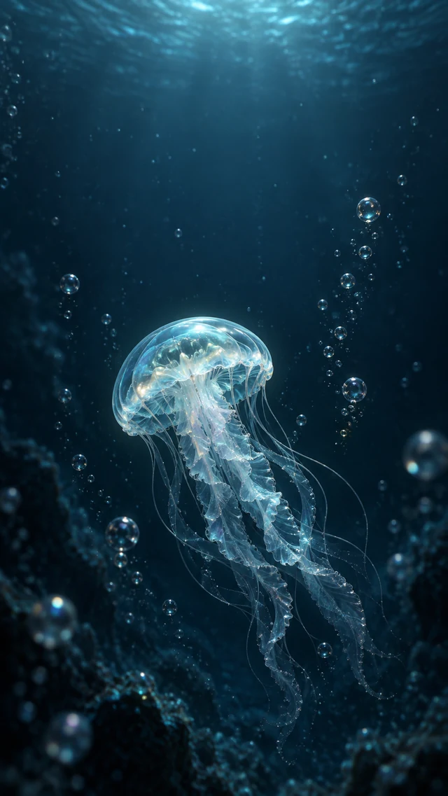 深海琉璃水母与柔光气泡的梦幻手机壁纸提示词