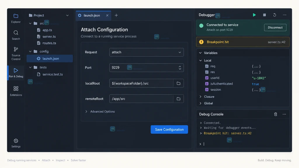 VS Code远程attach调试显示9229端口路径映射和断点命中状态的界面说明图