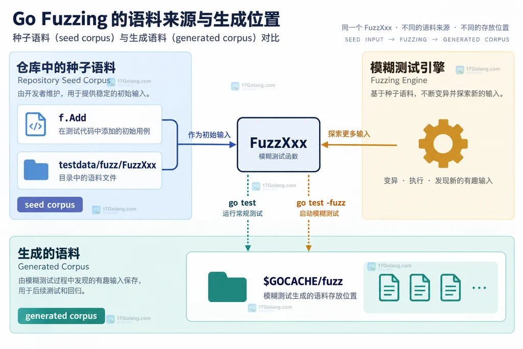 Go fuzz seed corpus 与 GOCACHE generated corpus 边界说明图