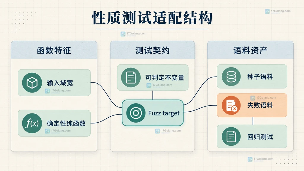 输入域、确定性、不变量、Fuzz target、种子语料与失败回归资产之间的静态关系