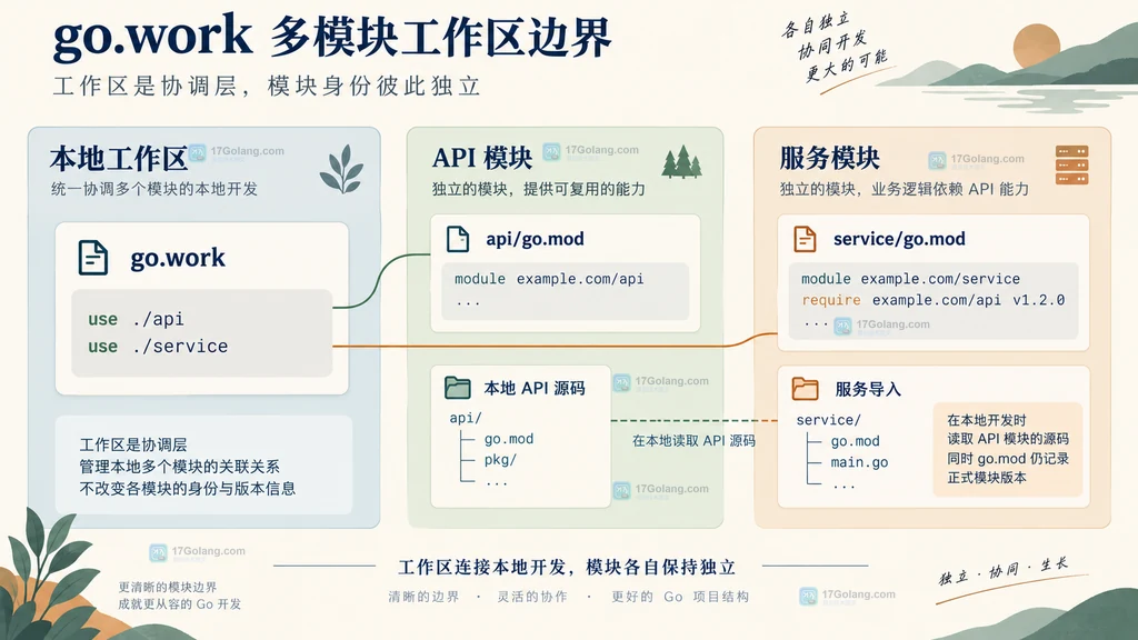 go.work 本地工作区与两个独立 Go 模块之间的静态边界图