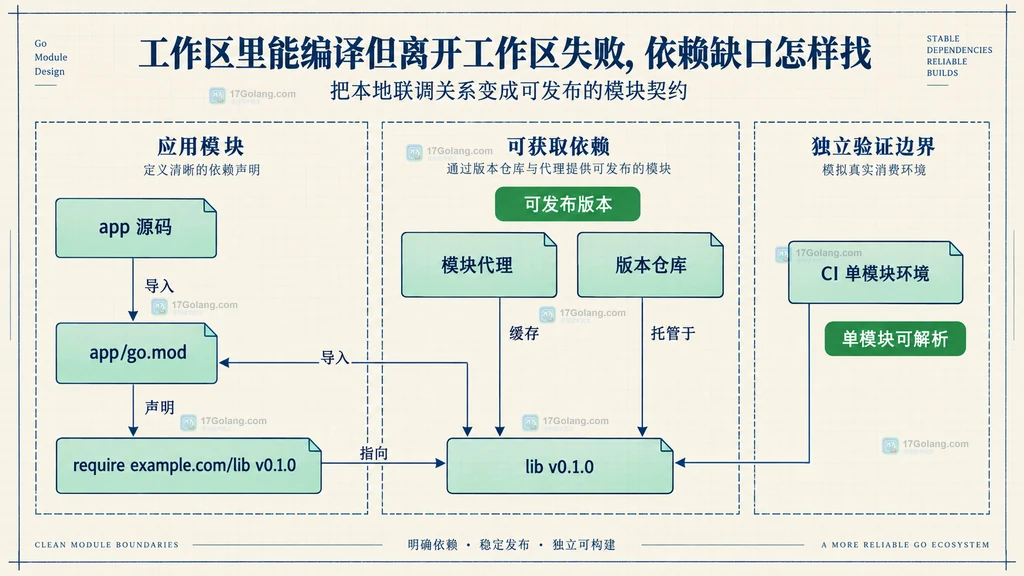 app go.mod require、lib 发布版本、模块代理与 CI 单模块环境的静态依赖图