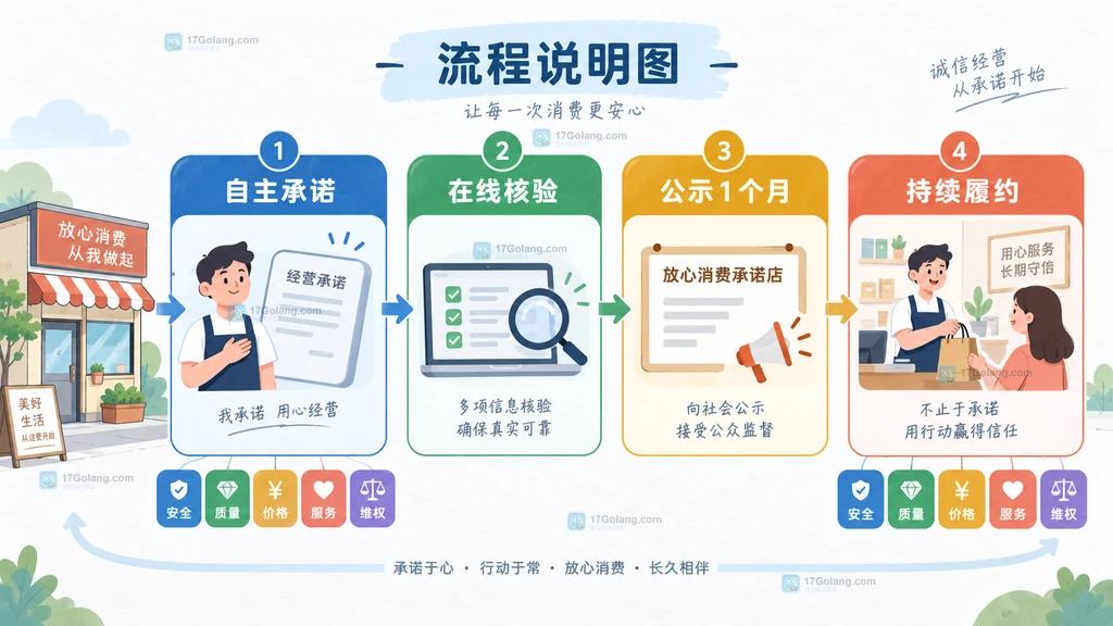 零售门店从自主承诺、在线核验、公示一个月到持续履约的流程说明图