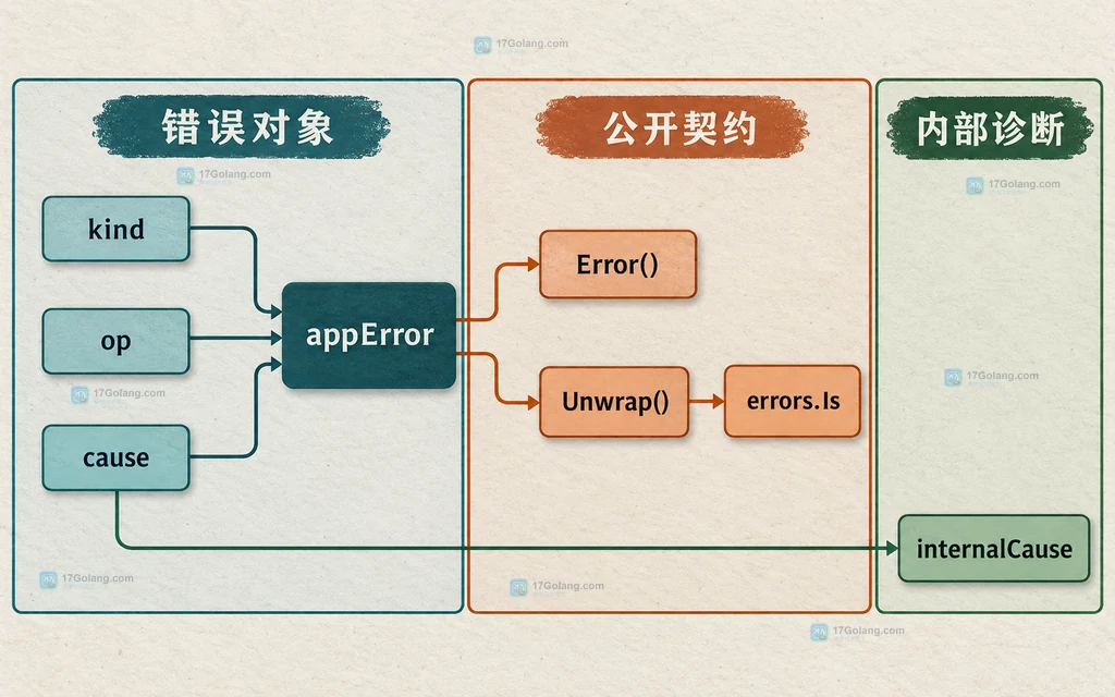 Go appError 中 kind、op、cause、Error、Unwrap、errors.Is 与 internalCause 的静态数据结构图