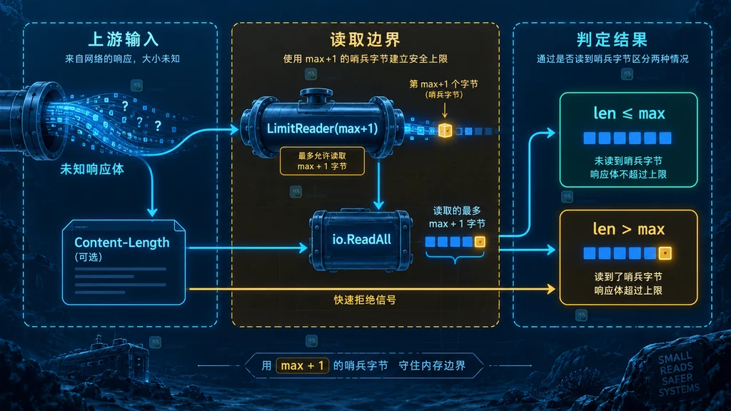 LimitedReader 使用 max+1 哨兵字节判定响应体是否超限