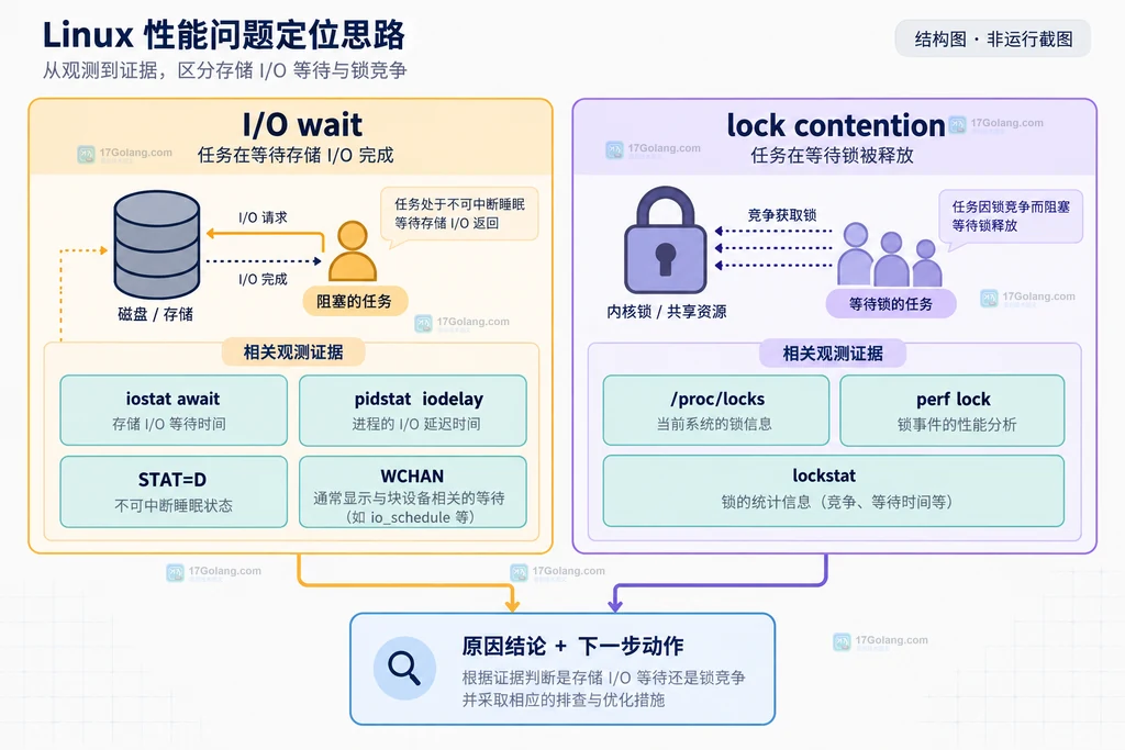 Linux I/O 等待与锁竞争的 iostat pidstat ps wchan perf lock 证据链结构图