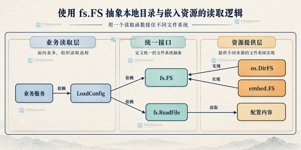 业务服务、LoadConfig、fs.FS、os.DirFS 与 embed.FS 的模块静态关系图