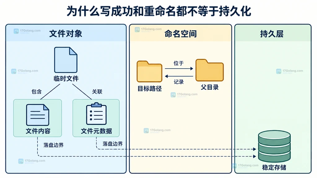 临时文件、目标路径、父目录与稳定存储之间的持久化边界结构图