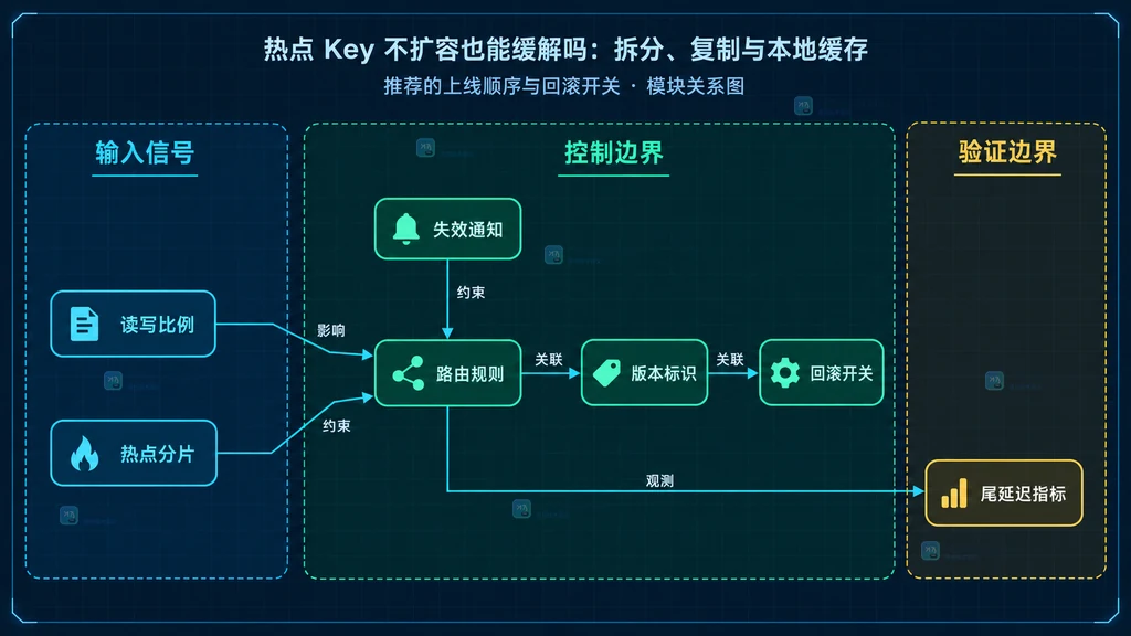 读写信号、路由规则、版本控制、失效通知和回滚开关之间的静态关系图