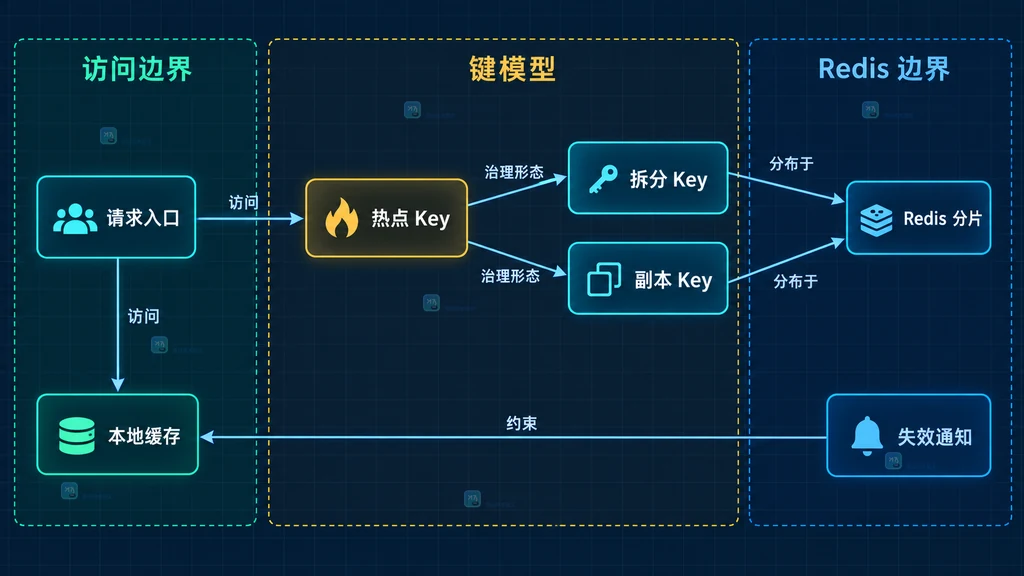 热点请求、拆分 Key、副本 Key、本地缓存与 Redis 分片之间的静态关系图
