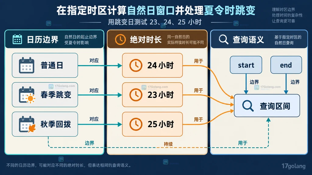普通日、春季跳变日和秋季回拨日的自然日边界与 23、24、25 小时时长对比