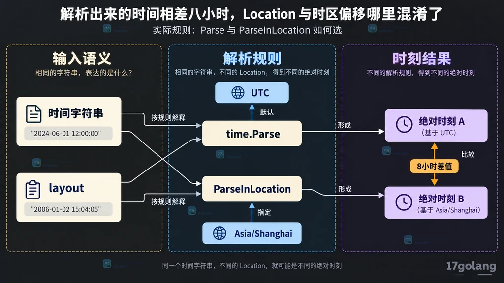 无时区字符串由 Parse 按 UTC 解释、由 ParseInLocation 按上海时区解释并形成八小时差值的关系图