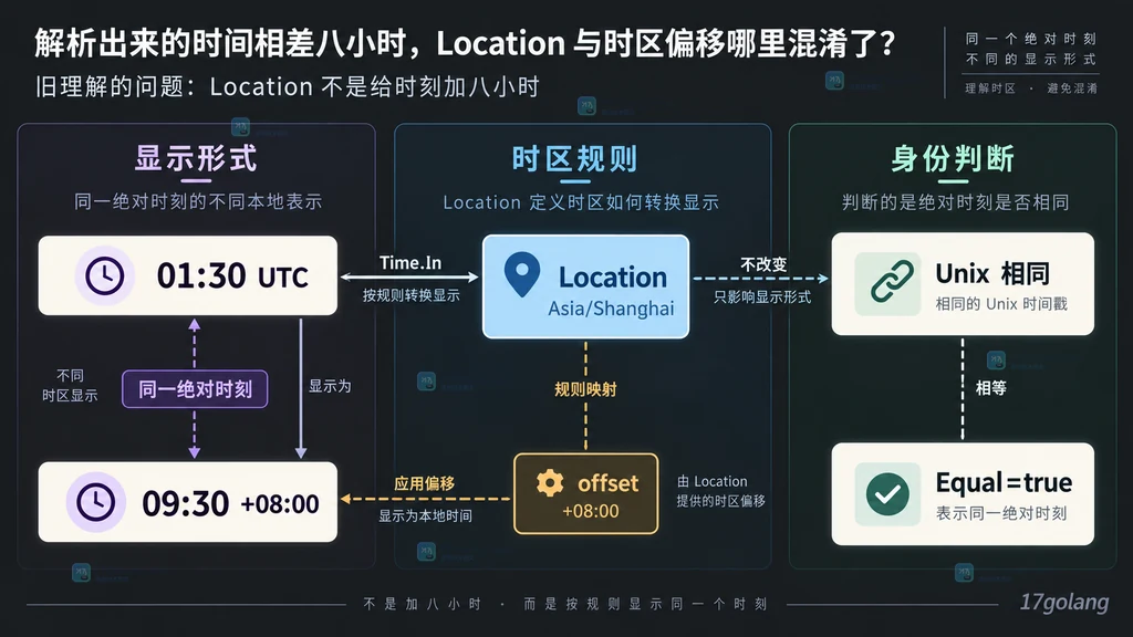 UTC 01:30 与上海 09:30 通过 Time.In 表示同一绝对时刻的关系图