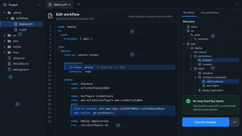 GitHub Actions 工作流配置 OIDC 权限和 AWS 角色的原创界面操作示意图