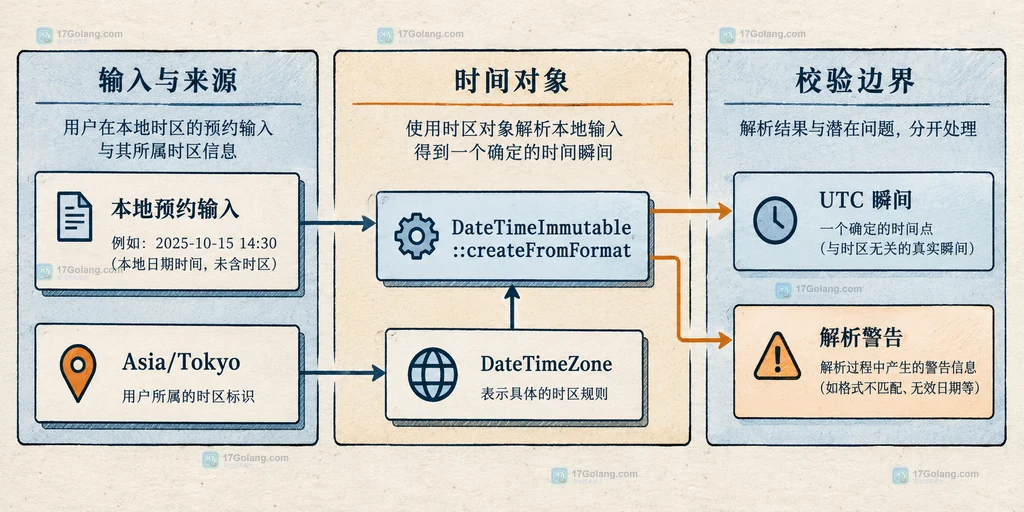 PHP DateTimeImmutable 从本地预约输入、来源时区到 UTC 瞬间的静态结构关系图