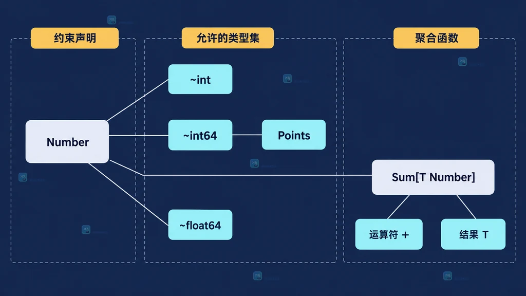 Go Number 类型约束、近似类型项、业务命名类型与 Sum 函数的静态关系图