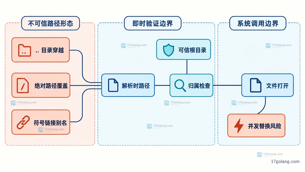 目录穿越、绝对路径、符号链接、归属检查与文件打开竞态的静态边界图