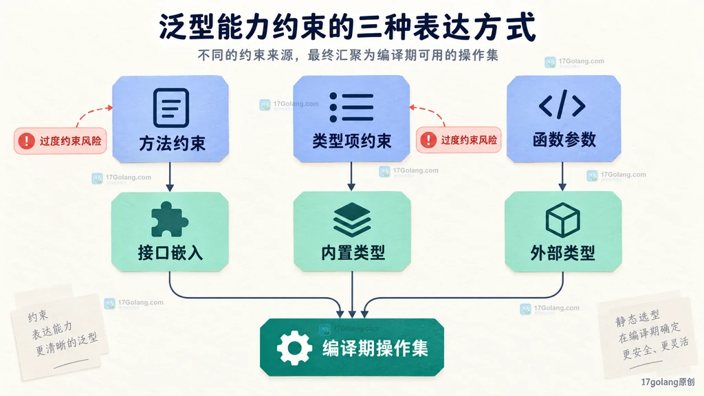方法约束、类型项约束与函数参数三种能力表达方式的选择图