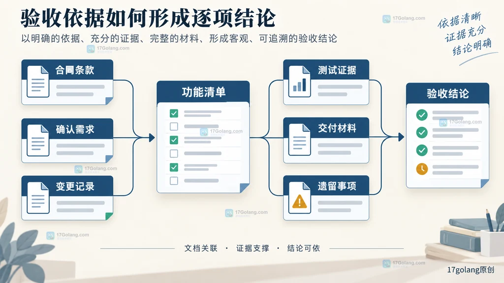 合同、需求、变更、功能清单和验收结论之间的静态关系说明图