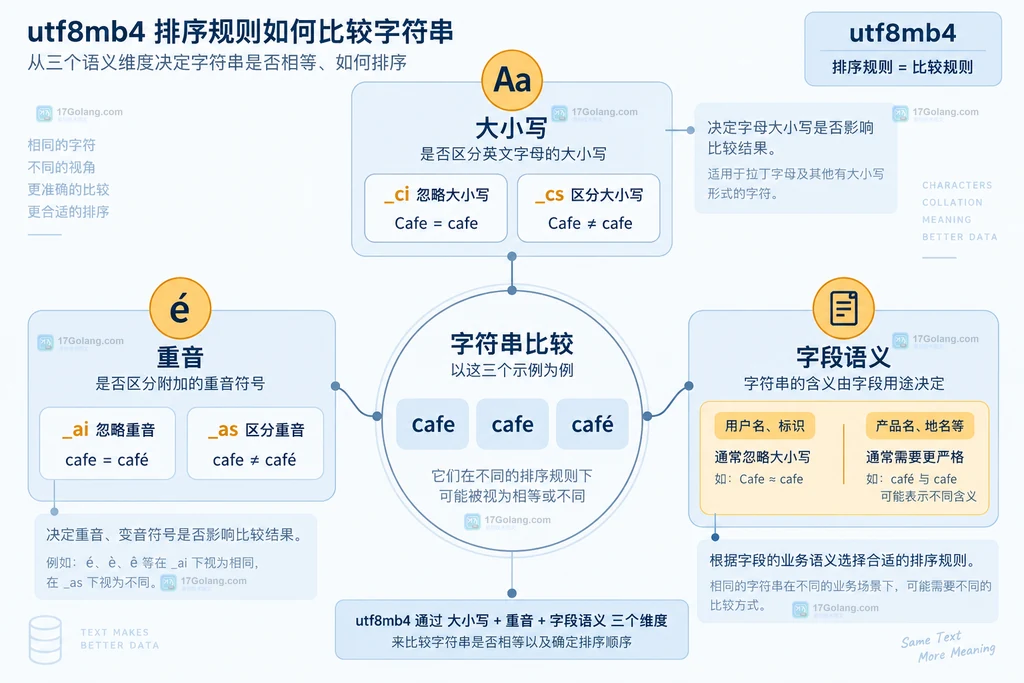 MySQL utf8mb4 排序规则将大小写与重音映射到不同比较权重的结构说明图