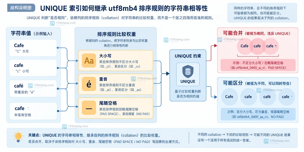 MySQL utf8mb4 唯一索引根据排序规则合并或区分字符串的关系结构说明图