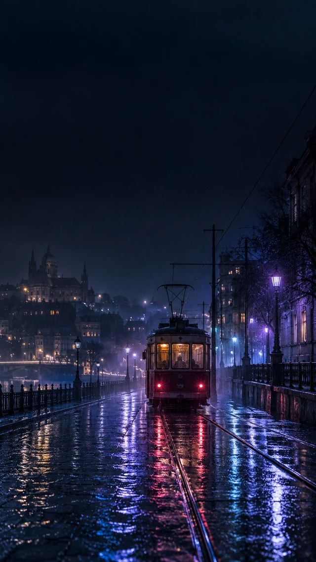 雨夜蓝紫霓虹与远行电车的氛围手机壁纸提示词