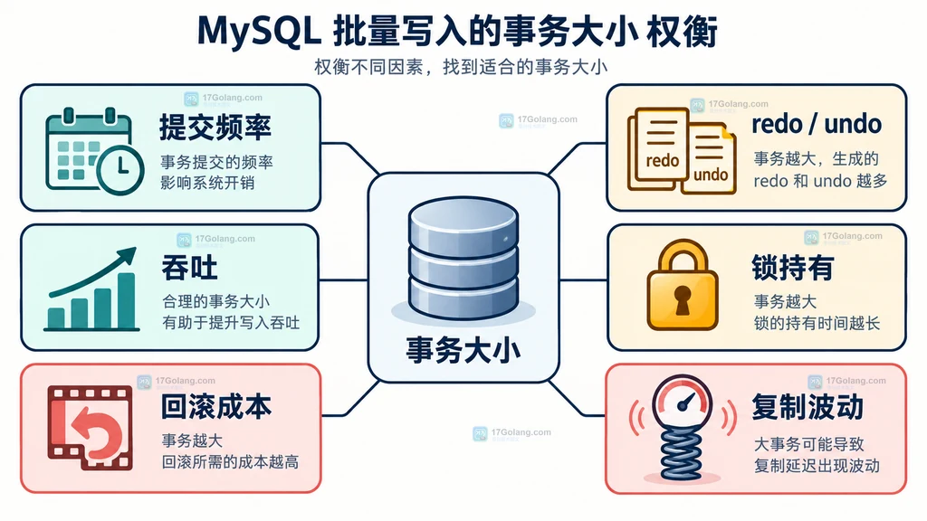 MySQL 批量写入事务大小与提交开销、吞吐、redo undo、锁持有和回滚成本的静态权衡图