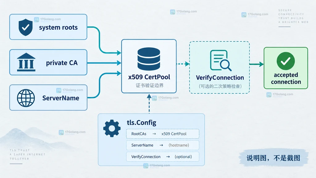 Go tls.Config 通过 system roots、private CA、ServerName 和 VerifyConnection 组合形成安全连接的结构图