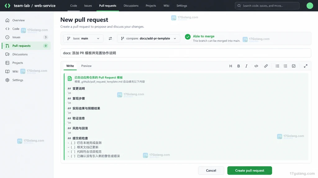 New pull request 页面自动填入复现步骤和验证信息模板的原创结果示意图