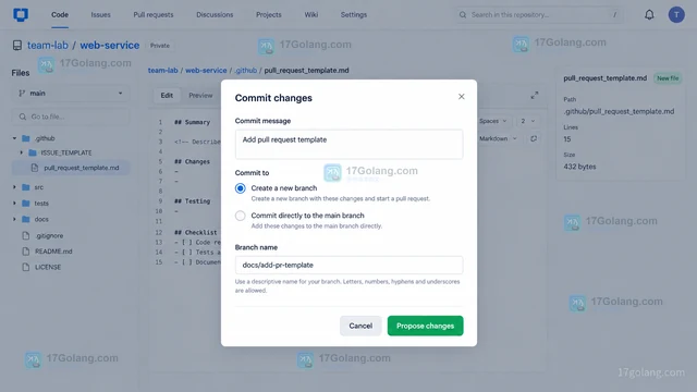 GitHub Pull Request 模板引导作者提交可复现信息