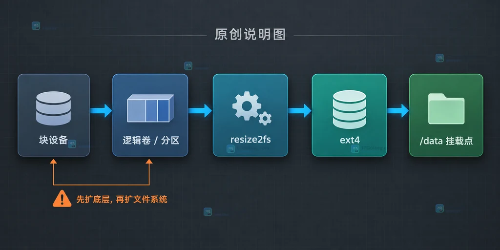 Linux ext4 在线扩容中块设备、逻辑卷、resize2fs 与挂载点的关系说明图