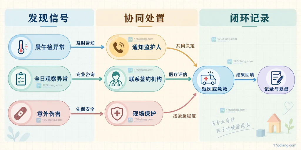 托育健康异常从发现到监护人通知、医疗衔接和记录复盘的关系