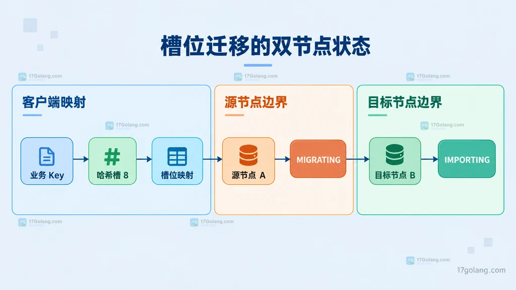 业务 Key、哈希槽 8、槽位映射、源节点 MIGRATING 与目标节点 IMPORTING 的静态结构关系图