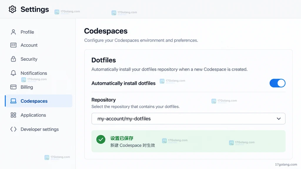GitHub Codespaces dotfiles 设置操作示意图