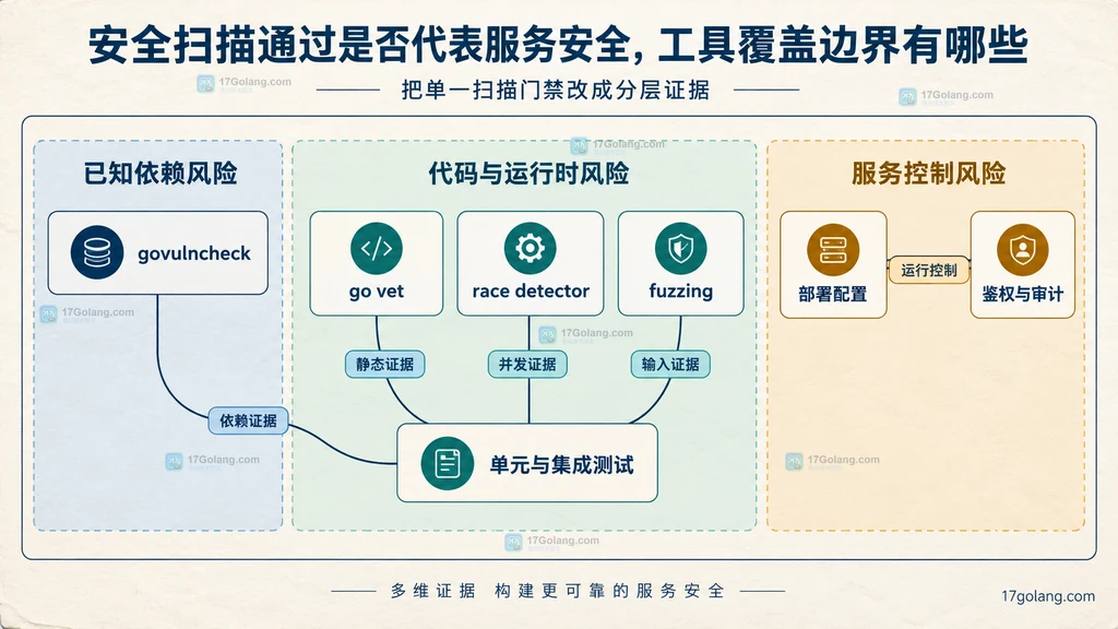Go 服务依赖、代码、运行时和服务控制多层安全证据结构图