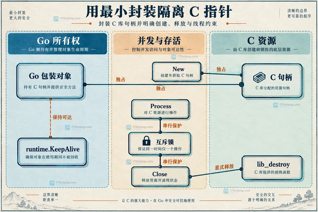 Go包装对象、互斥锁、C句柄、创建释放函数与KeepAlive之间的静态所有权结构图